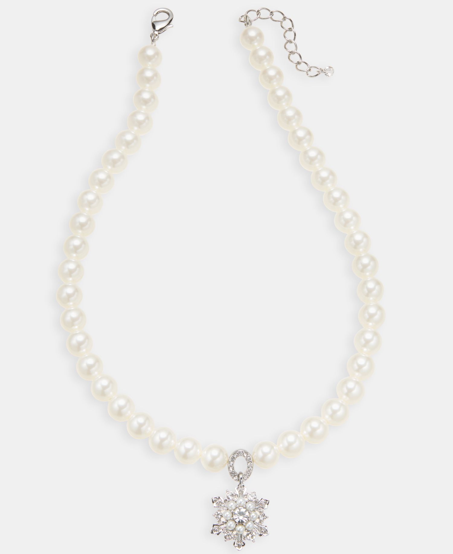 Silver-Tone Imitation Pearl Snowflake Pendant Necklace, 17-1/2" + 2" extender