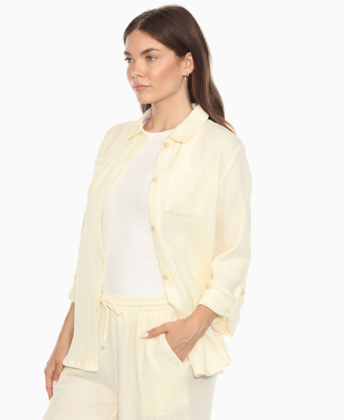 White Mark Women's Long Sleeve Button Down Cotton Gauze Set In Neutral