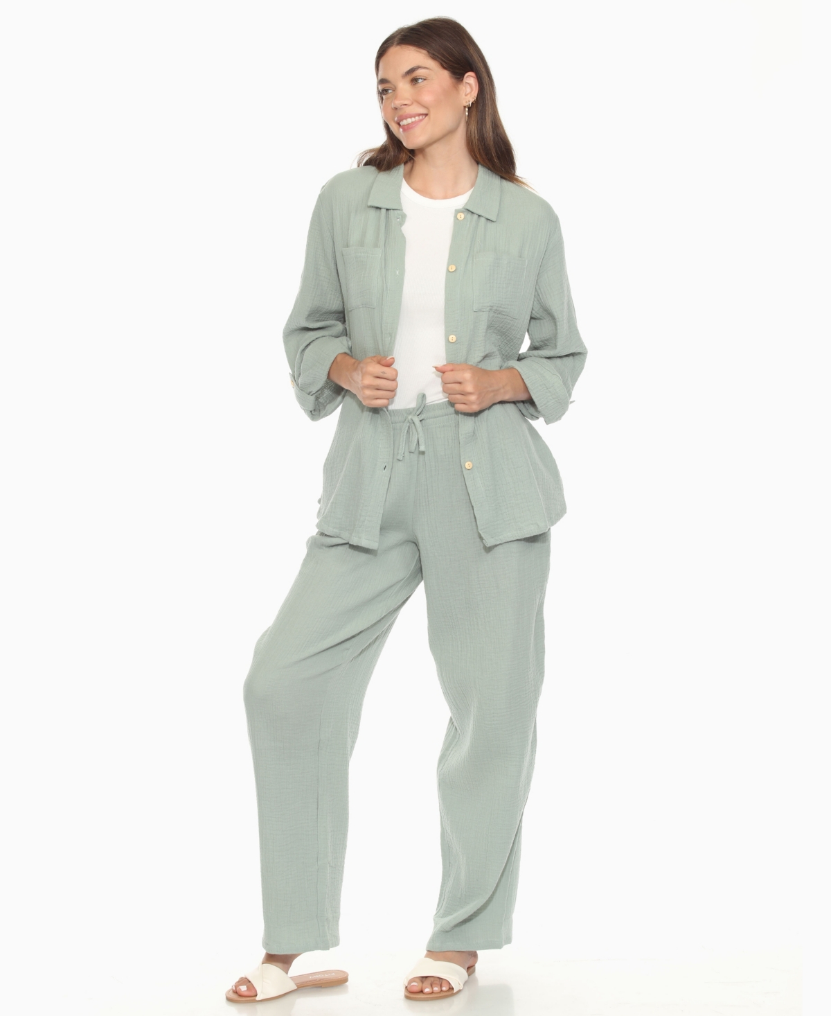 White Mark Women's Long Sleeve Button Down Cotton Gauze Set In Green