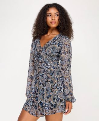Juniors' Printed Long-Sleeve Fit & Flare Dress