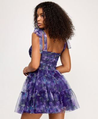 Juniors' Twisted Printed Mesh Fit & Flare Dress