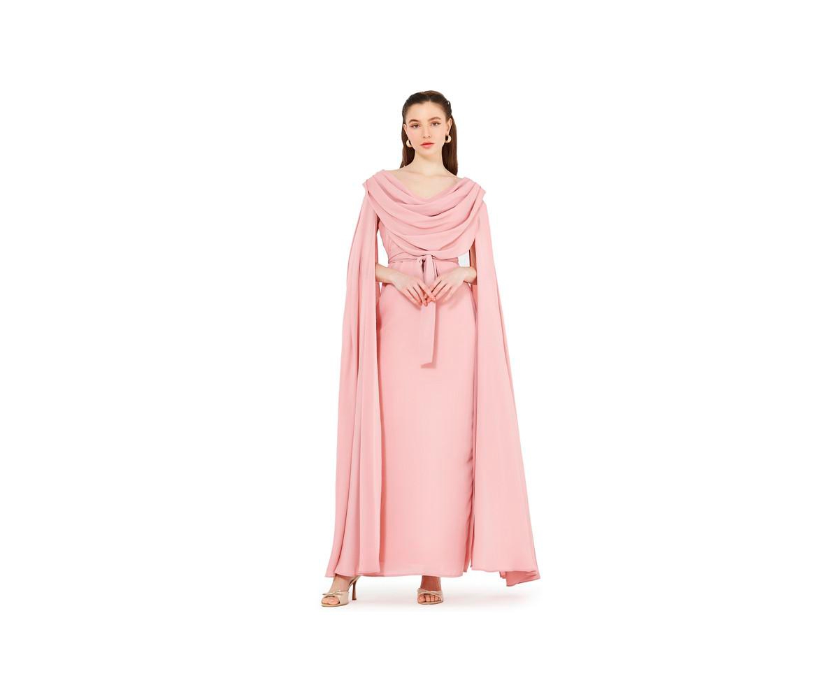 Women's Cowl Neck Flare Sleeved A-line Gown - Blue