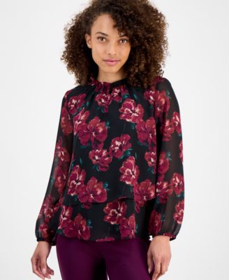 Ak Anne Klein Womens Ruffle Neck Long Sleeve Chiffon Top P Xxs Xl In Multi