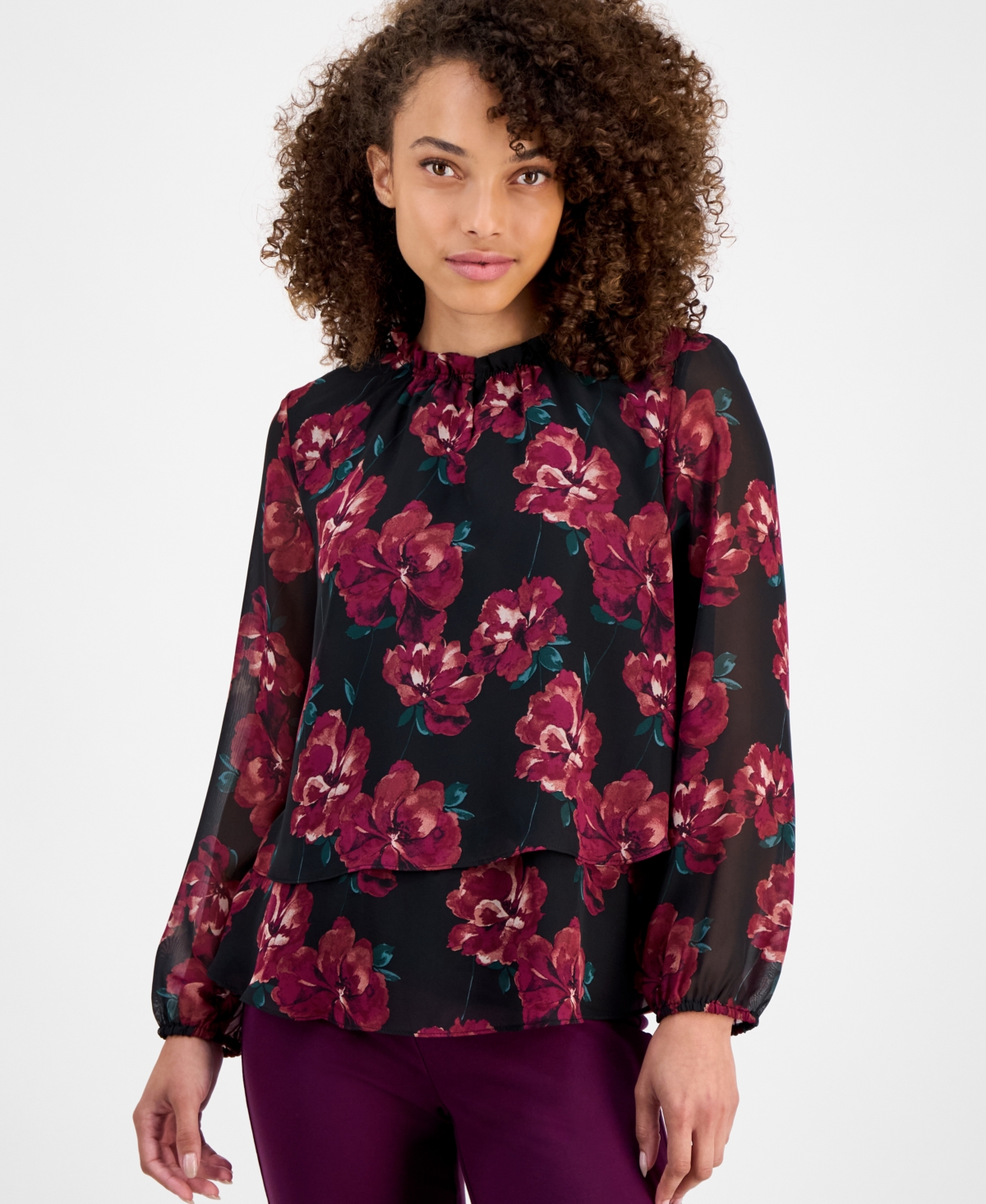Ak Anne Klein Petite Floral-print Tiered Blouse In Multi