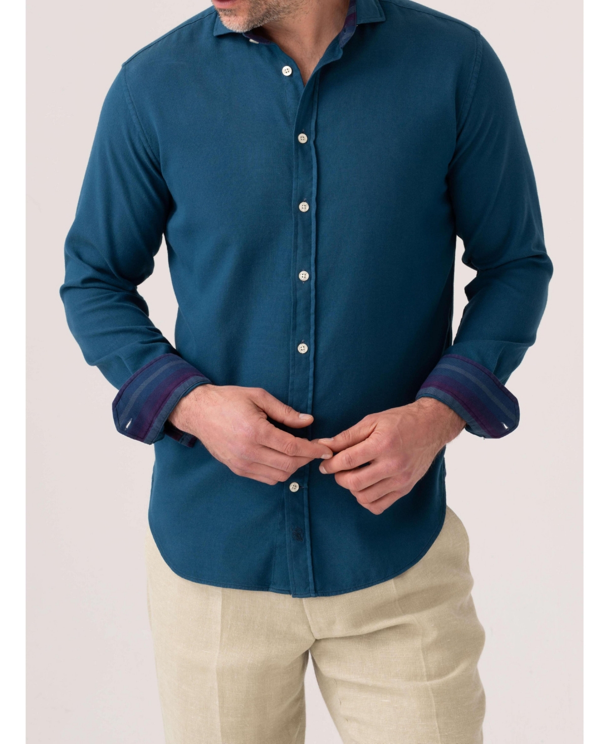 Men's Long Sleeve Kikoy Cotton Shirt - Teal blue