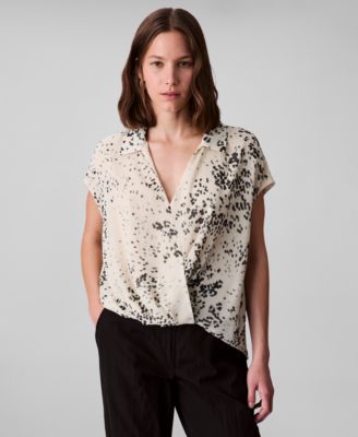 Calvin Klein - Women's Printed Chiffon Faux-Wrap Cap-Sleeve Top