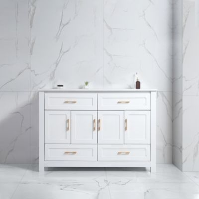 48" White Vanity with Ceramic Sink Combo, 4 Soft-Close Doors & 4 Drawers, Elegant Storage Unit