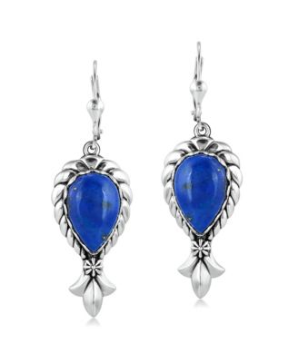 Sterling Silver Denim Lapis Pear Gemstone Squash Blossom Lever Back Earrings