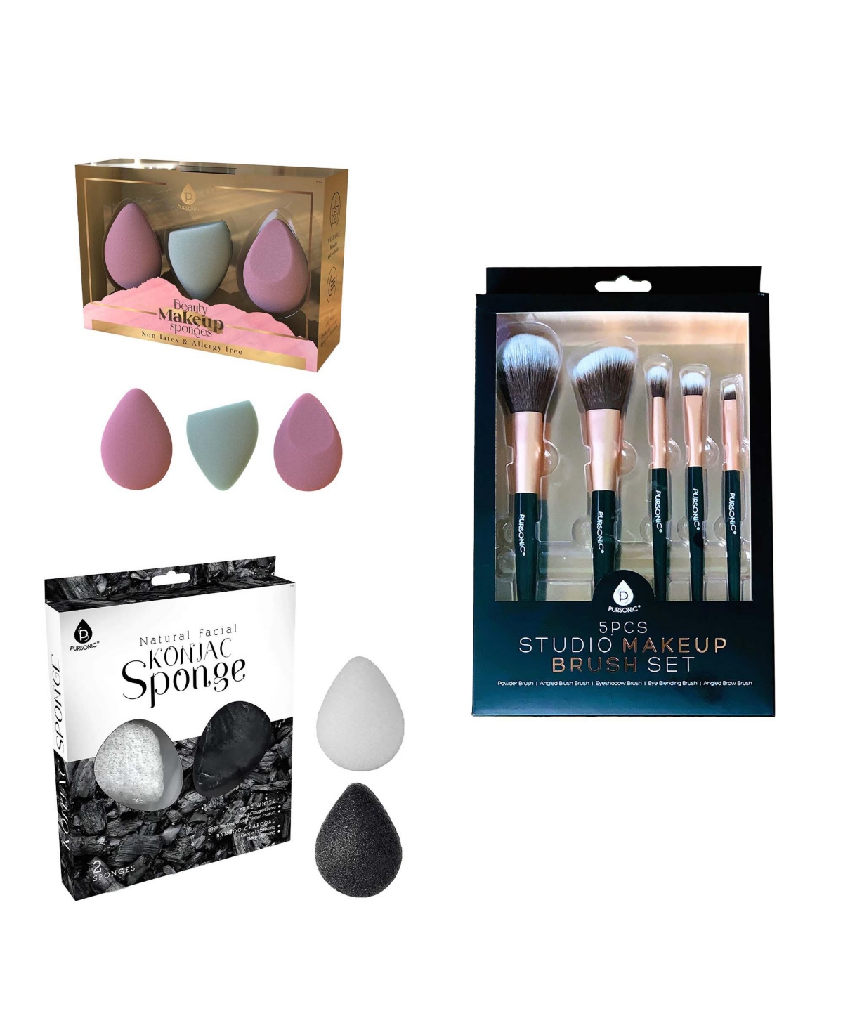 Pursonic Flawless Beauty Essentials Bundle – Includes 3-Pack Multi-Shape Makeup Sponges, Natural Konjac Sponge Duo & 5-Piece Black Studio Brush