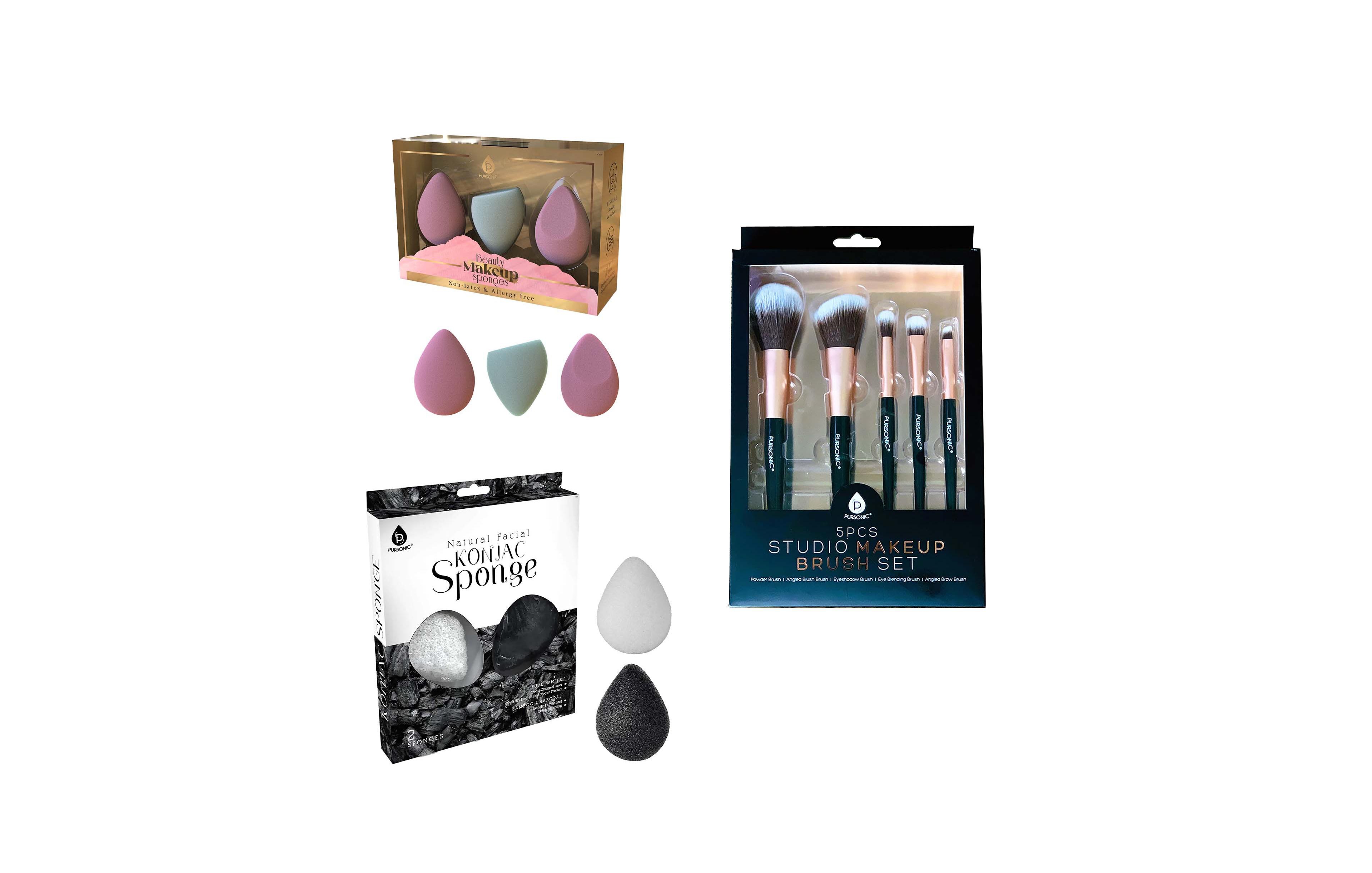 Pursonic Flawless Beauty Essentials Bundle – Includes 3-Pack Multi-Shape Makeup Sponges, Natural Konjac Sponge Duo & 5-Piece Black Studio Brush