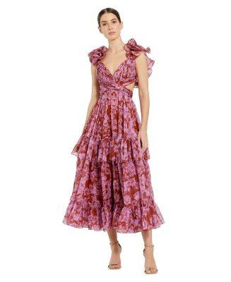 ruffle tiered cut out floral chiffon dress Pink Ruffle Tiered Floral Cut-Out Chiffon Gown