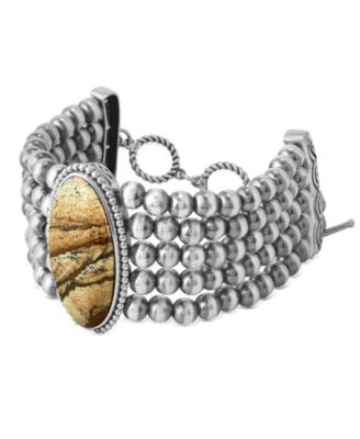 Sterling Silver Oval Picture Jasper Oval Cut Beaded Toggle Bracelet, Size, Size Medium