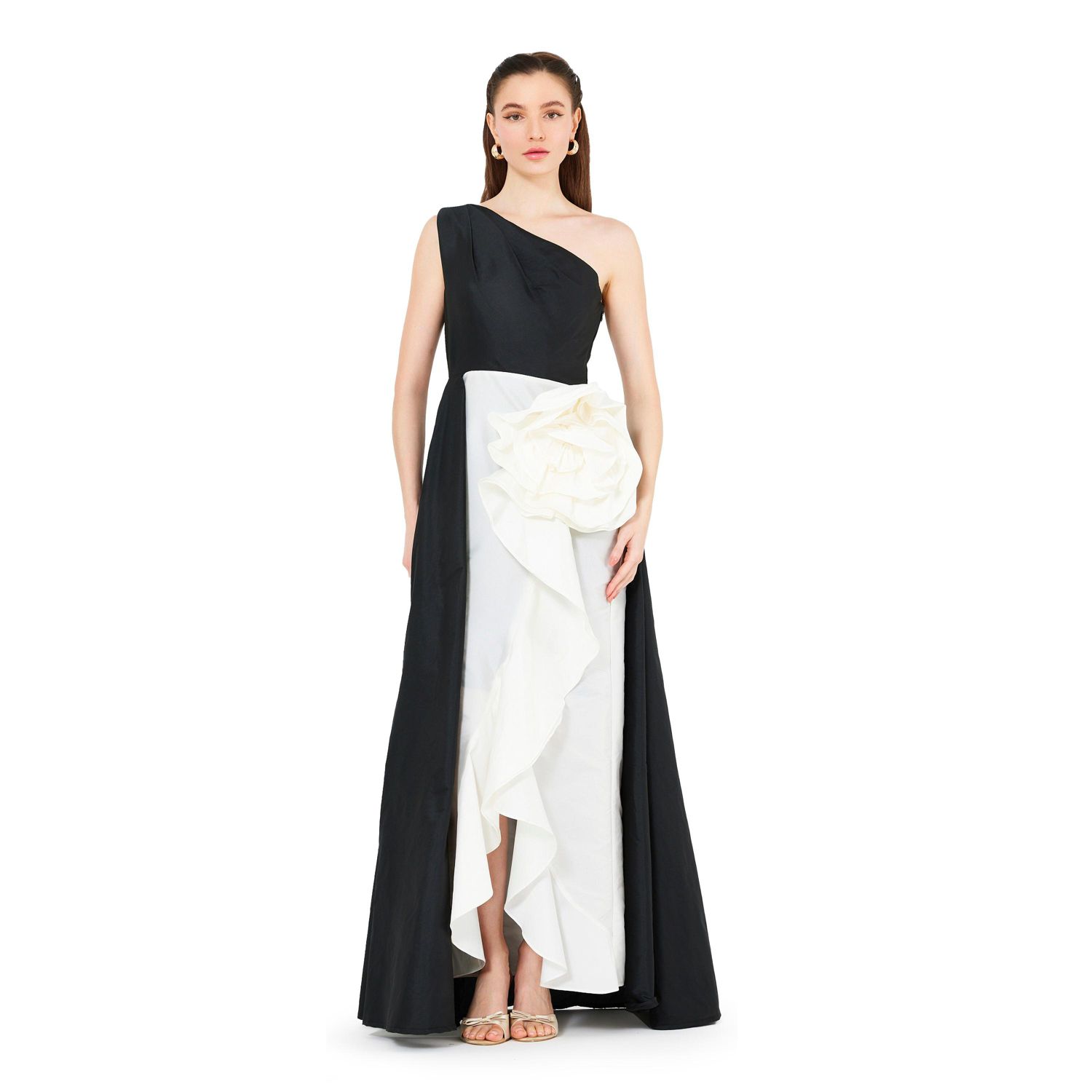 Women's One Shoulder Dress With Cascading Ruffle Flower Detail