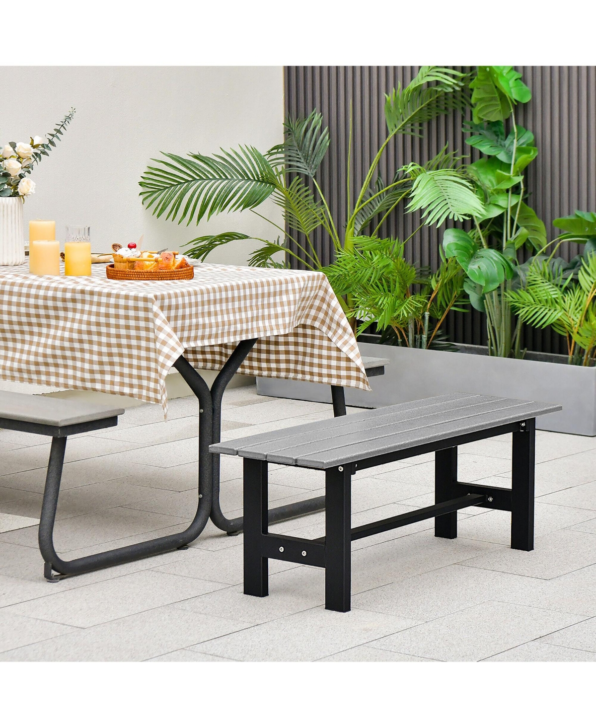 Gymax Outdoor Hdpe Bench w/ Metal Frame 47'' x 14'' x 16'' for Yard Garden