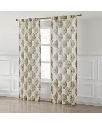 Sofia Flower Block Bouquet Linen Textured Window Curtain Panels Clay/Teal Pair 37x84