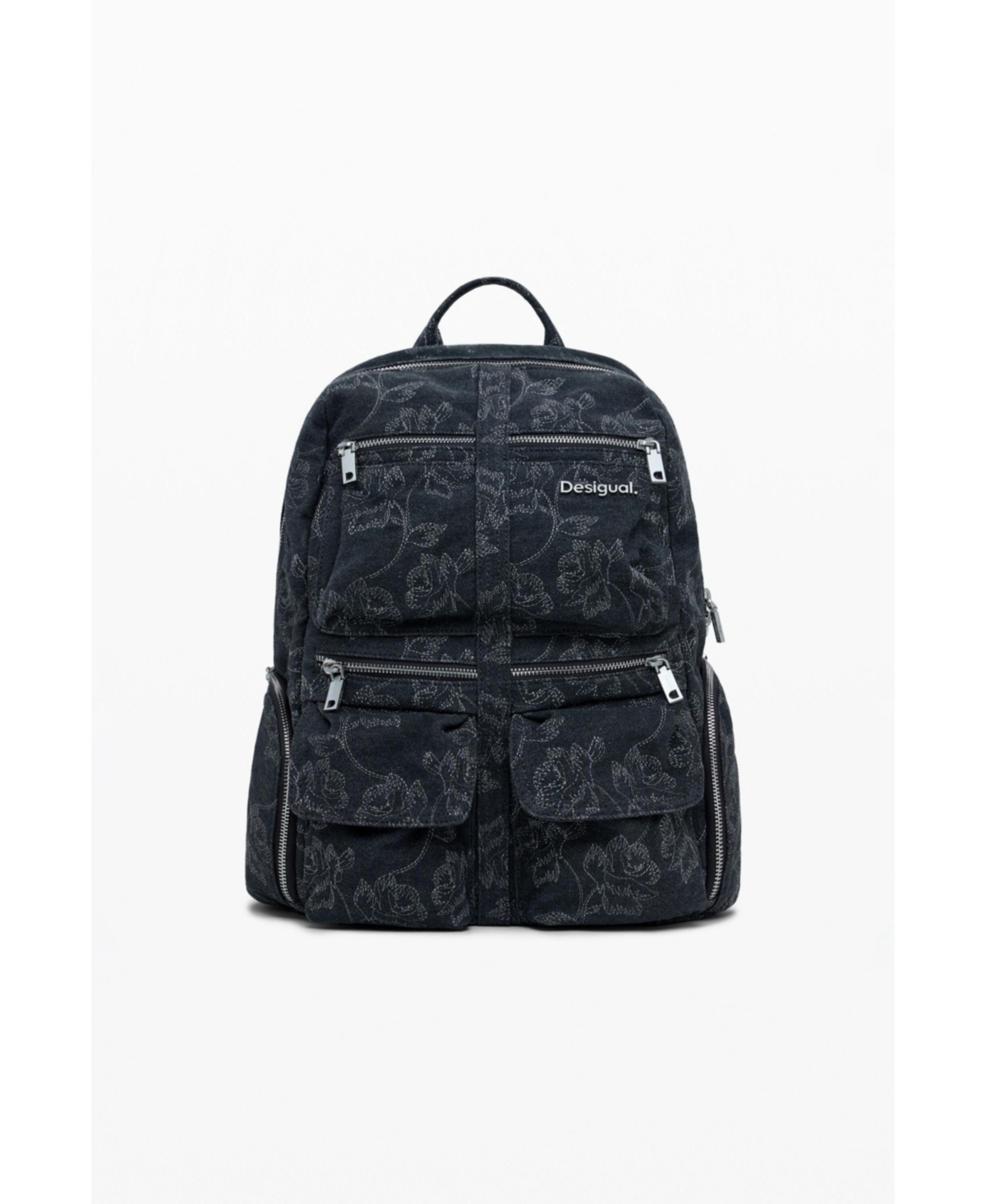 Desigual Large Embroidered Denim Backpack In Black