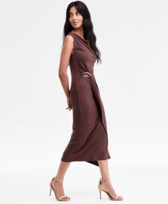 Women's Sleeveless Boat-Neck Pont&eacute;-Knot Wrap Midi Dress