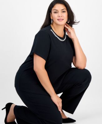 Plus Size Cotton Embellished-Neck Top, Macy's Exclusive