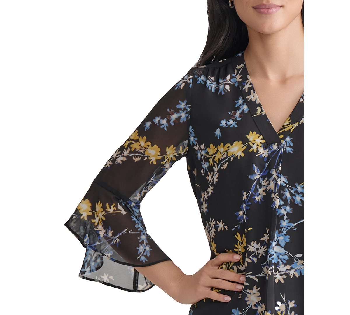 Jones New York Women's Sheer-flutter-sleeve Y-neck Blouse In Multi