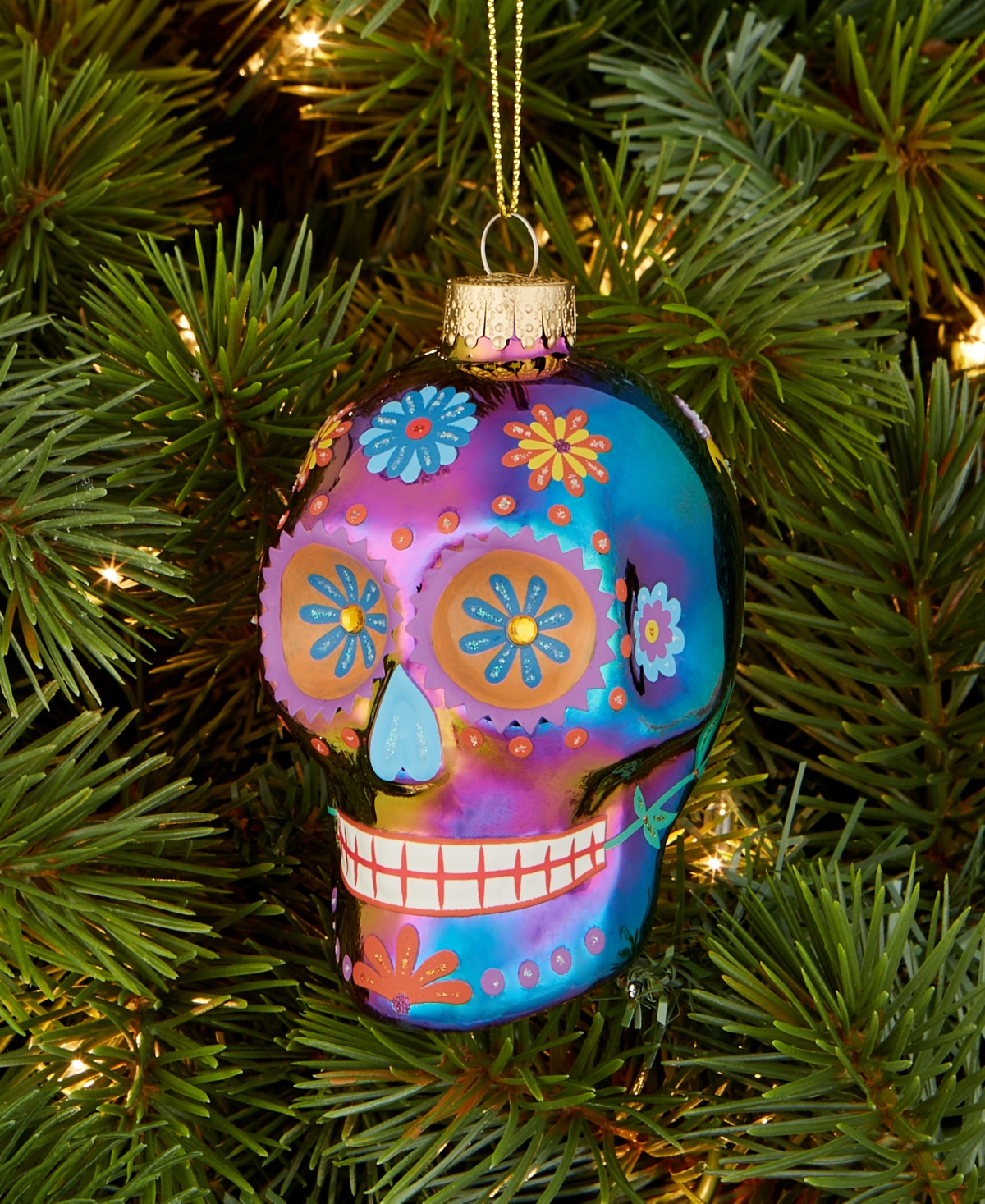 Holiday Lane Day Of The Dead Glass Colorful Skull Ornament, Macy's Exclusive In Transparent