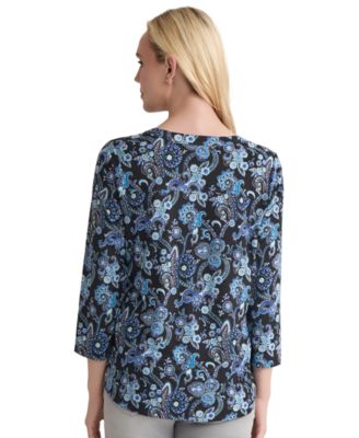 Women's Paisley-Print 3/4-Sleeve Flap-Pocket Knit Top