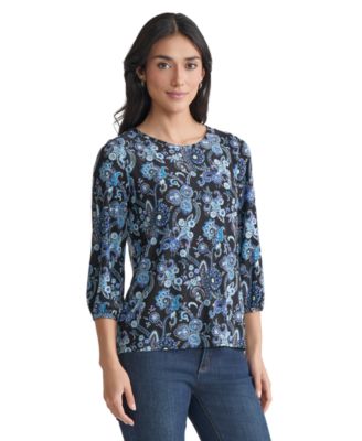 Women's Paisley-Print Puff-Sleeve Crewneck Top