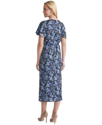 Women's Printed Shirred Flutter-Sleeve Midi Dress