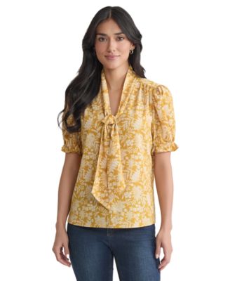 Jones New York - Women's Printed Tie-Neck Short-Sleeve Blouse