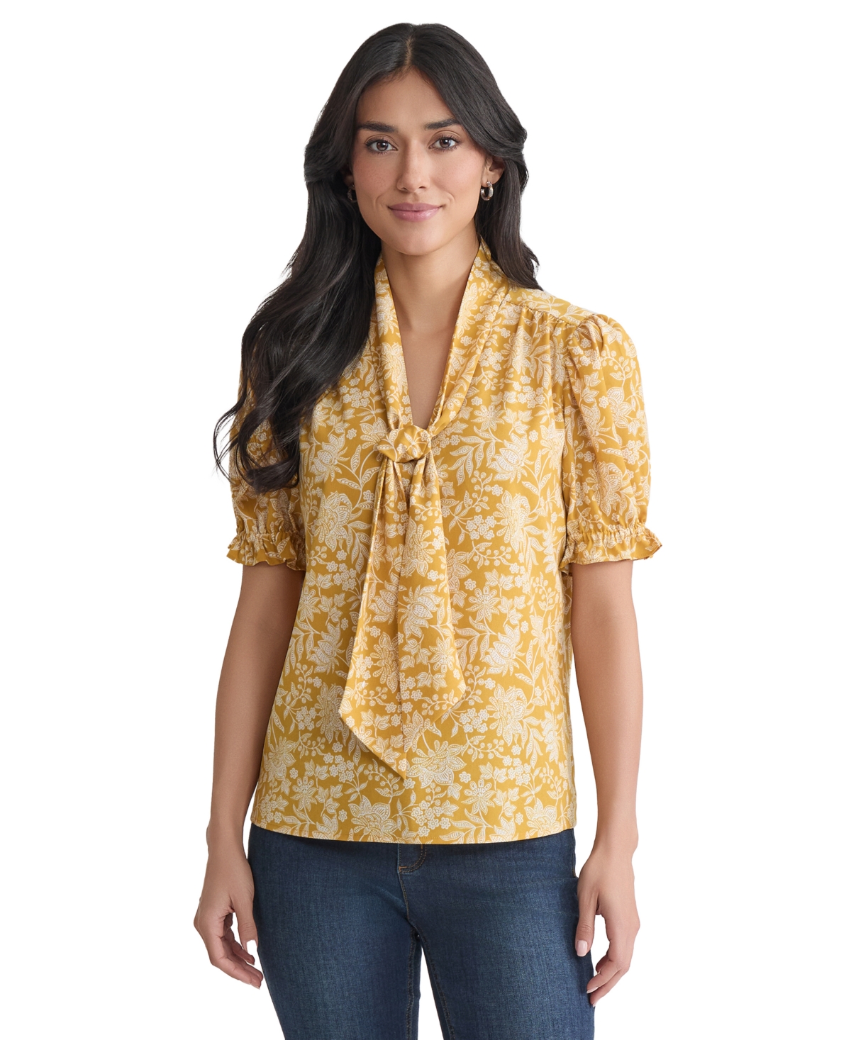 Women's Printed Tie-Neck Short-Sleeve Blouse - Jonagold/jones White