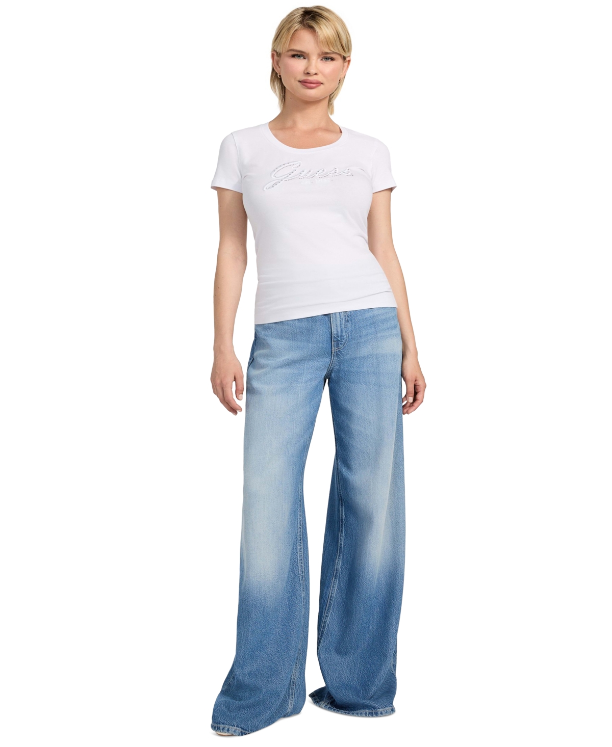 Guess Women's Embroidered Rhinestone Logo T-shirt In White