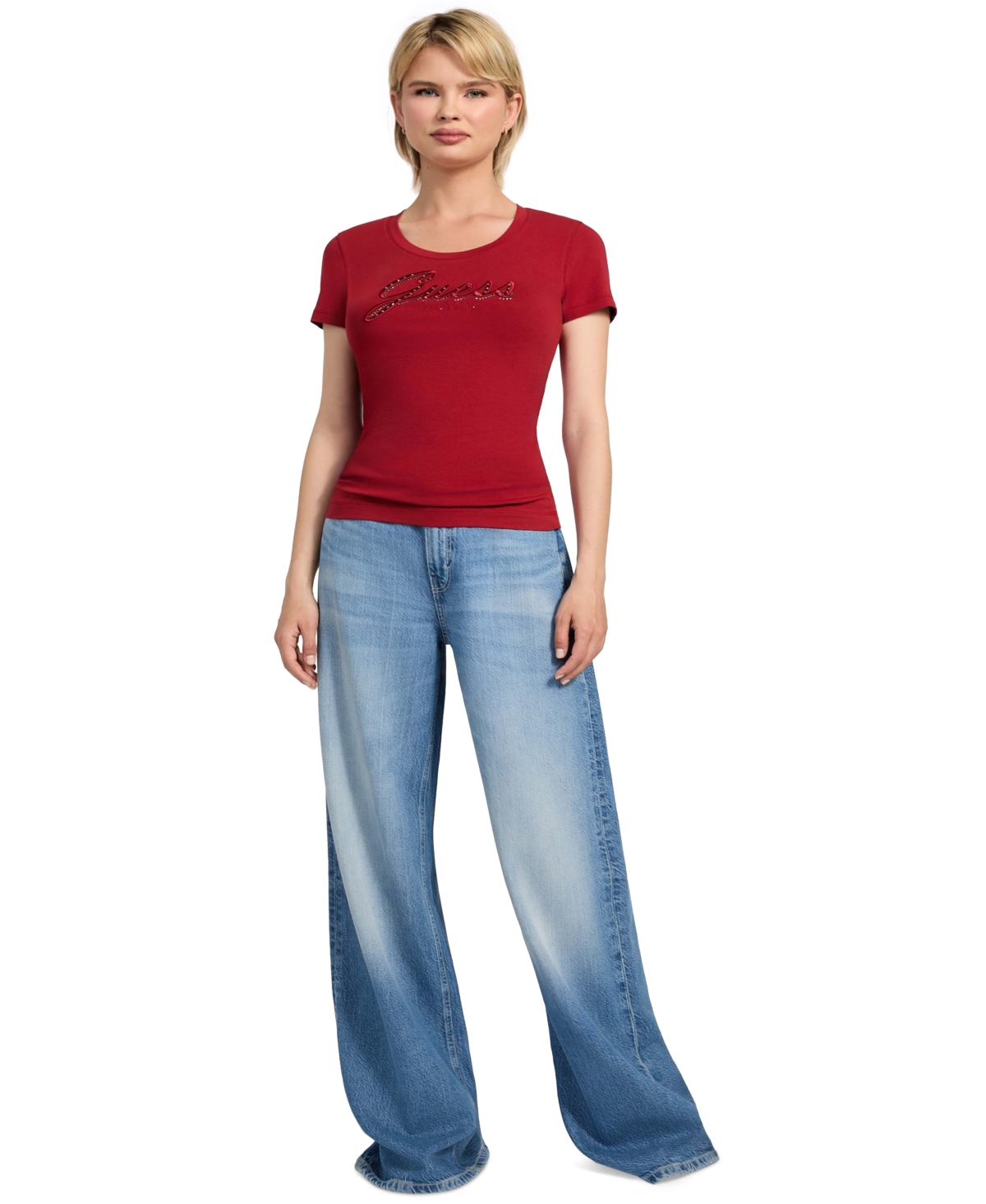 Guess Women's Embroidered Rhinestone Logo T-shirt In Red
