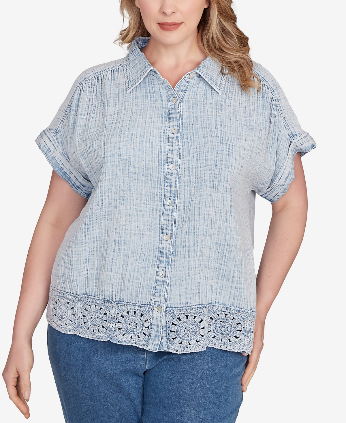 Plus Size Snow Washed Crochet Hem Collared Shirt - Chambray