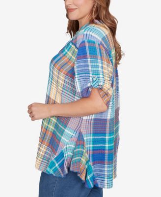 Plus Size Crinkle Knit Plaid Button Down Top