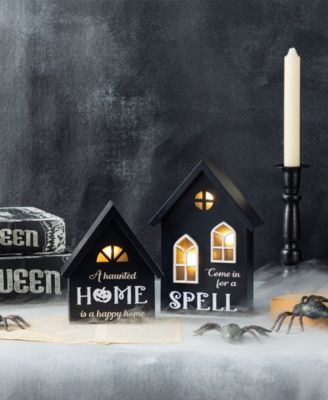 Lighted Halloween Wooden House-shaped Table Decor, Set of 2