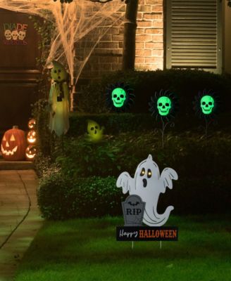 32.25" Lighted Halloween Metal Ghost Tombstone Yard Stake with Timer