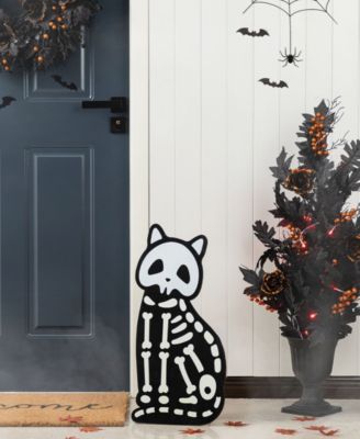 Halloween Wooden Skeleton Cat and Stacked Pumpkin Porch Decor, Set of 2