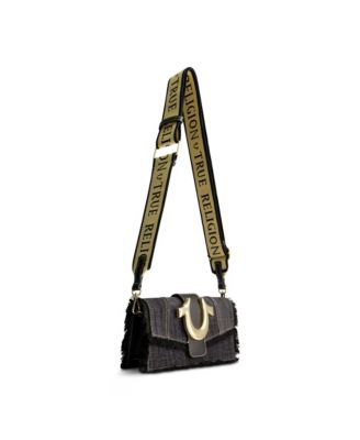 Frayed Denim Flap Bag with Logo Strap