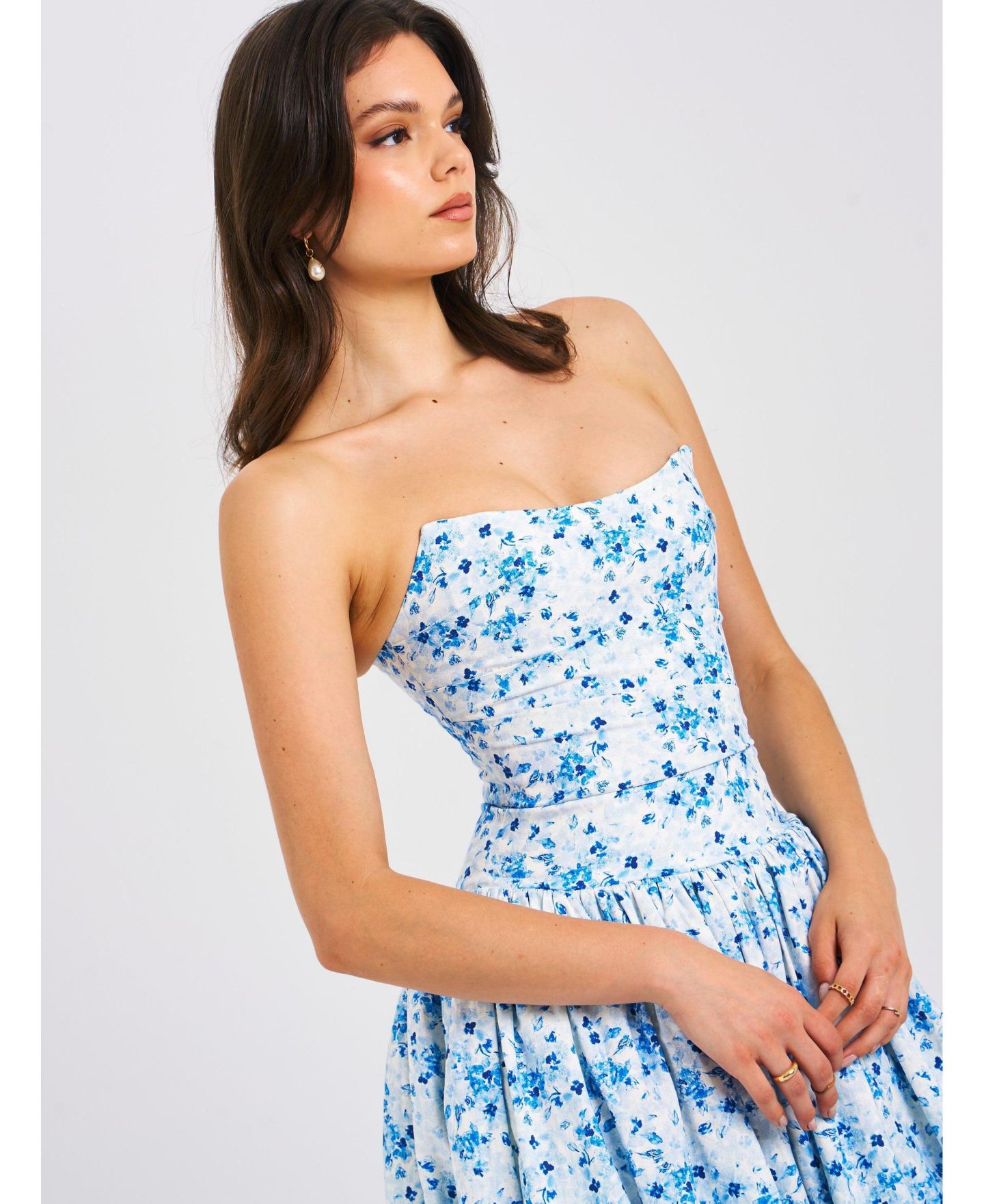 Женское платье Miss Circle Paloma Blue Print Linen Corset Draping Top Midi, цвет: Синий с принтом — фото 2