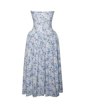 Women's Paloma Blue Print Linen Corset Draping Top Midi Dress