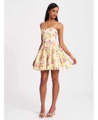 Women's Valda Yellow and Pink Print Linen Mini Dress with Pockets