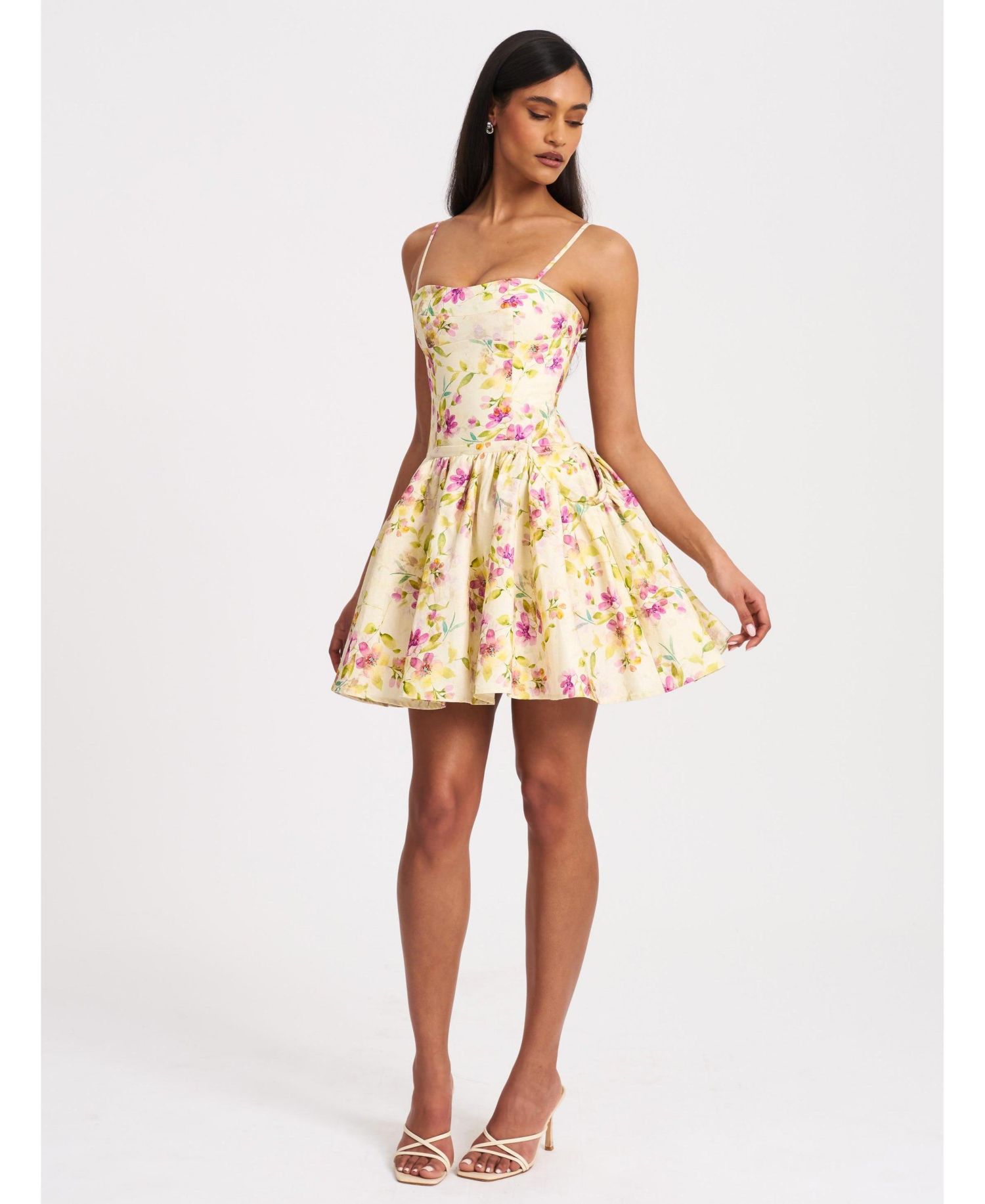 Women's Valda Yellow and Pink Print Linen Mini Dress with Pockets
