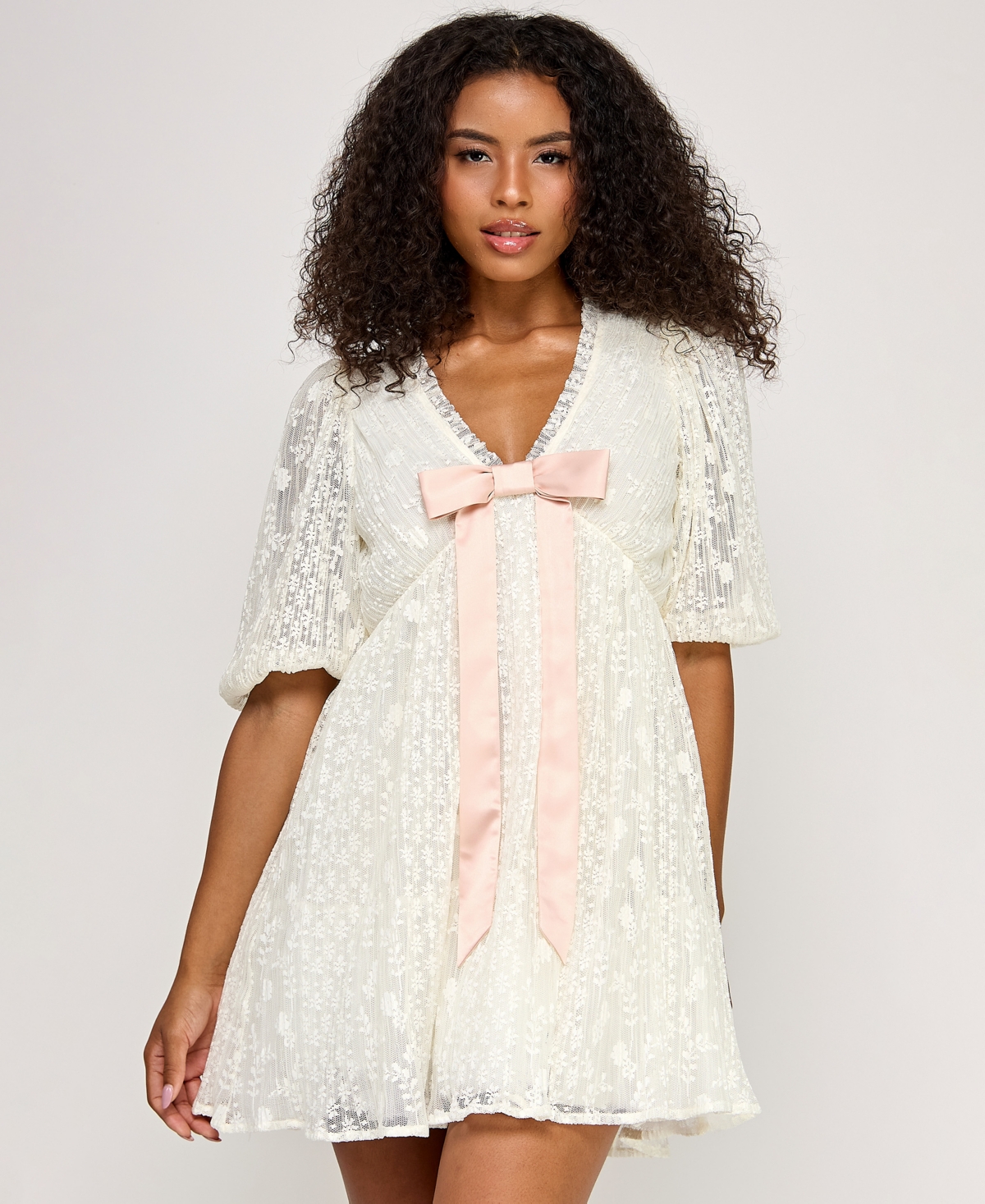 Juniors' Ruffled V-Neck Lace Dress - White