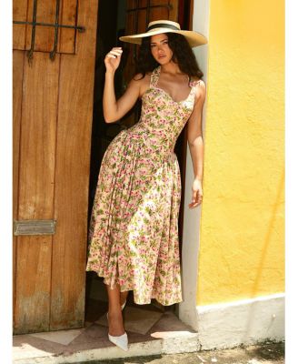 Women Niya Floral Print Linen Halter Corset Maxi Dress