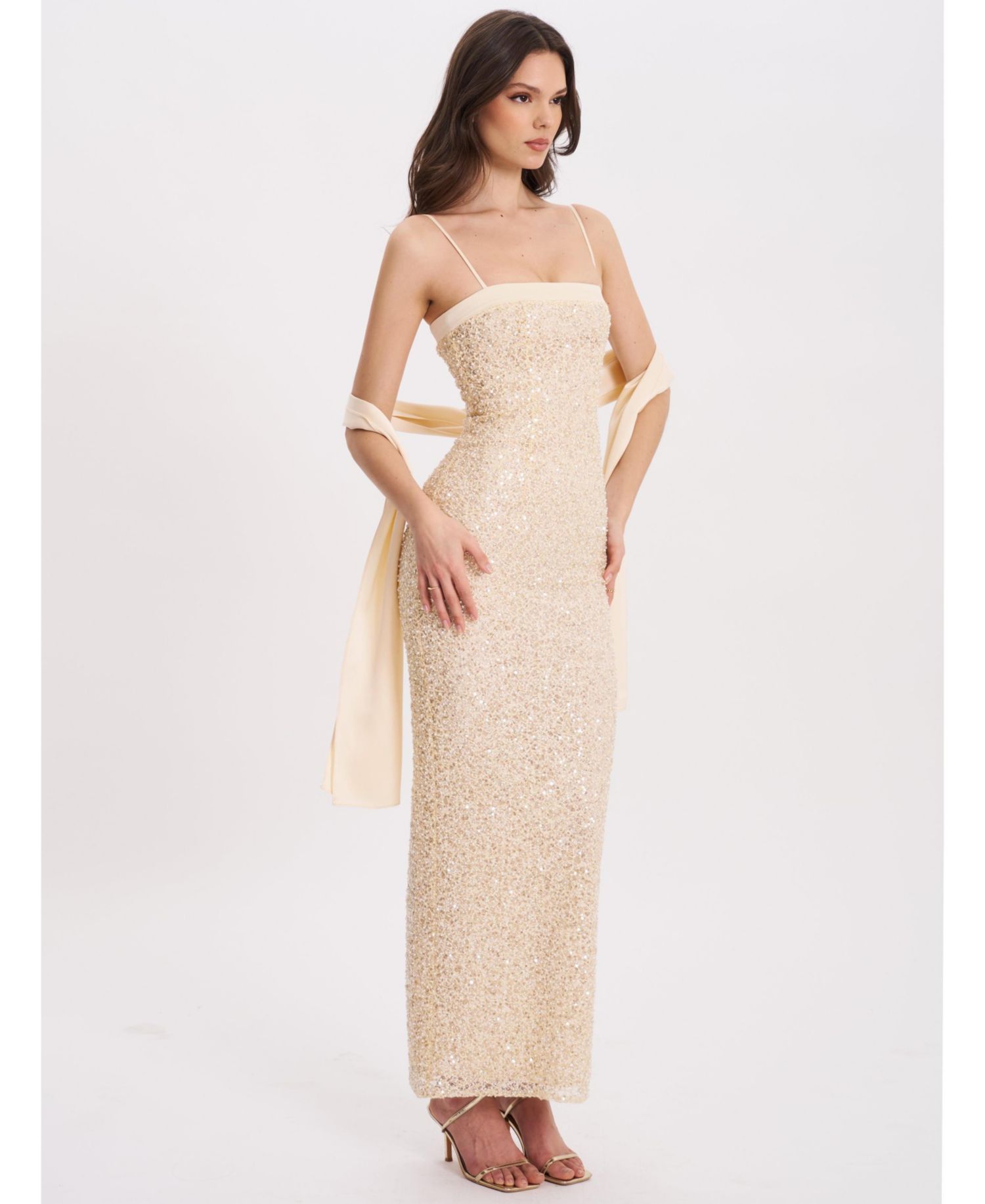 Women's Raizel Gold Beaded Sequin Bodycon Gown with Scarf