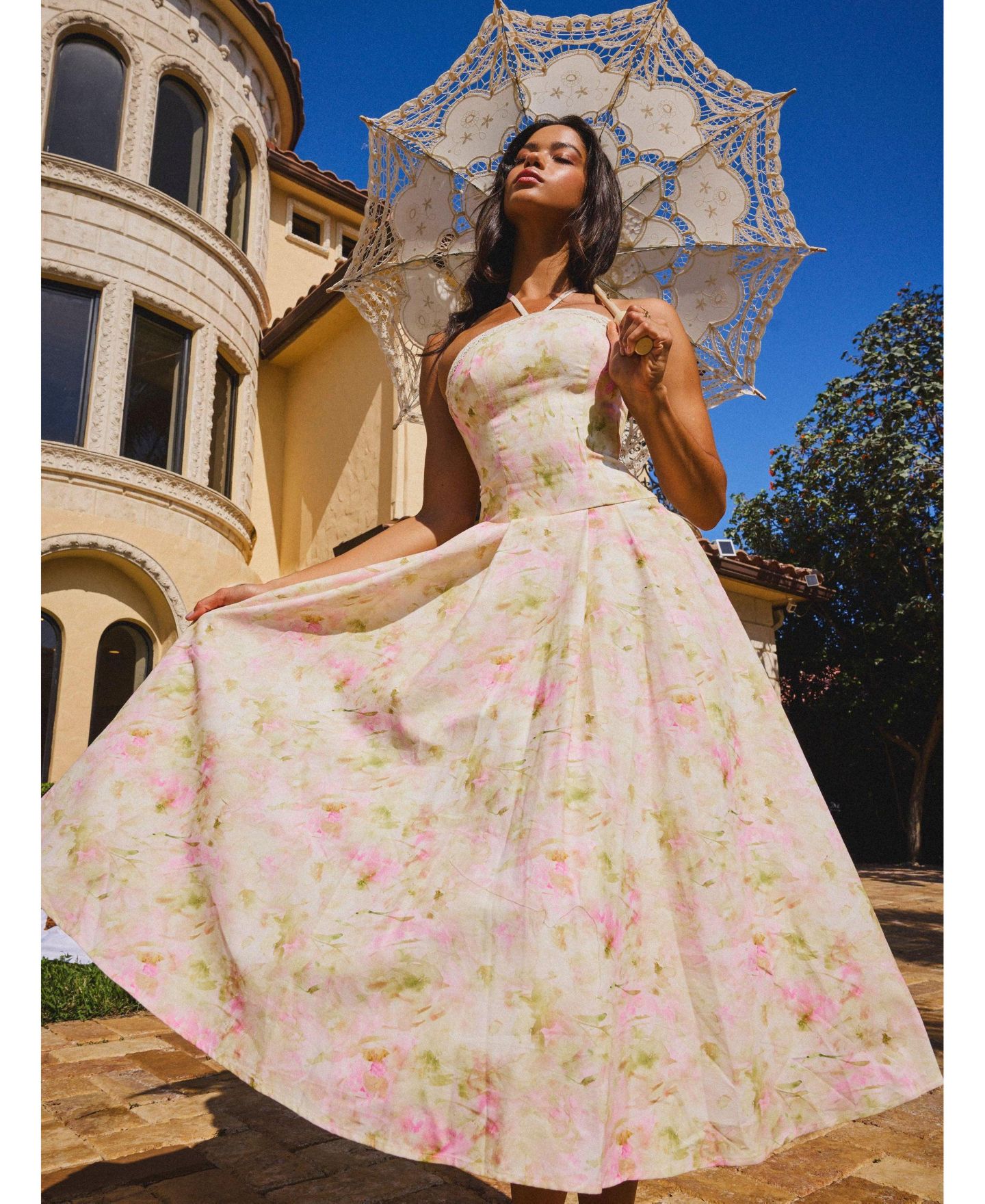 Женское платье Miss Circle Zaina Yellow Pink Floral Print Lace Trim Linen Midi, цвет: Розовый с принтом — фото 3