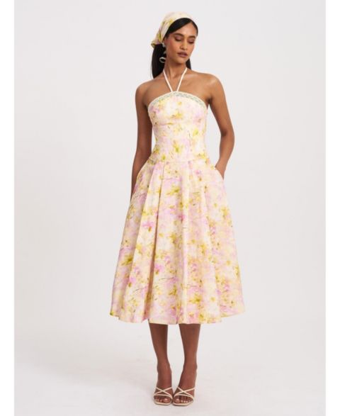 Женское платье Miss Circle Zaina Yellow Pink Floral Print Lace Trim Linen Midi, цвет: Розовый с принтом