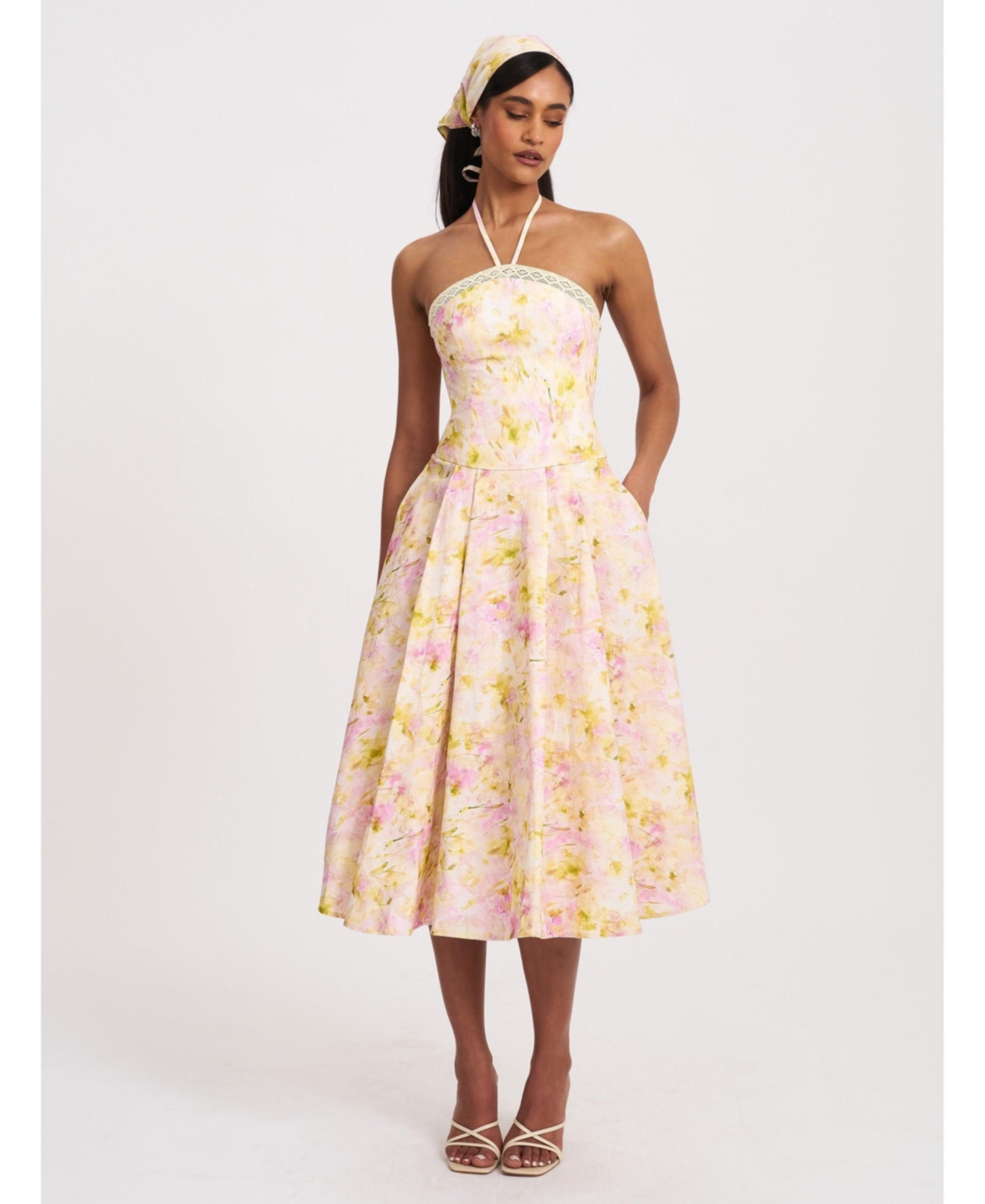 Women's Zaina Yellow Pink Floral Print Lace Trim Linen Midi Dress - Pink floral