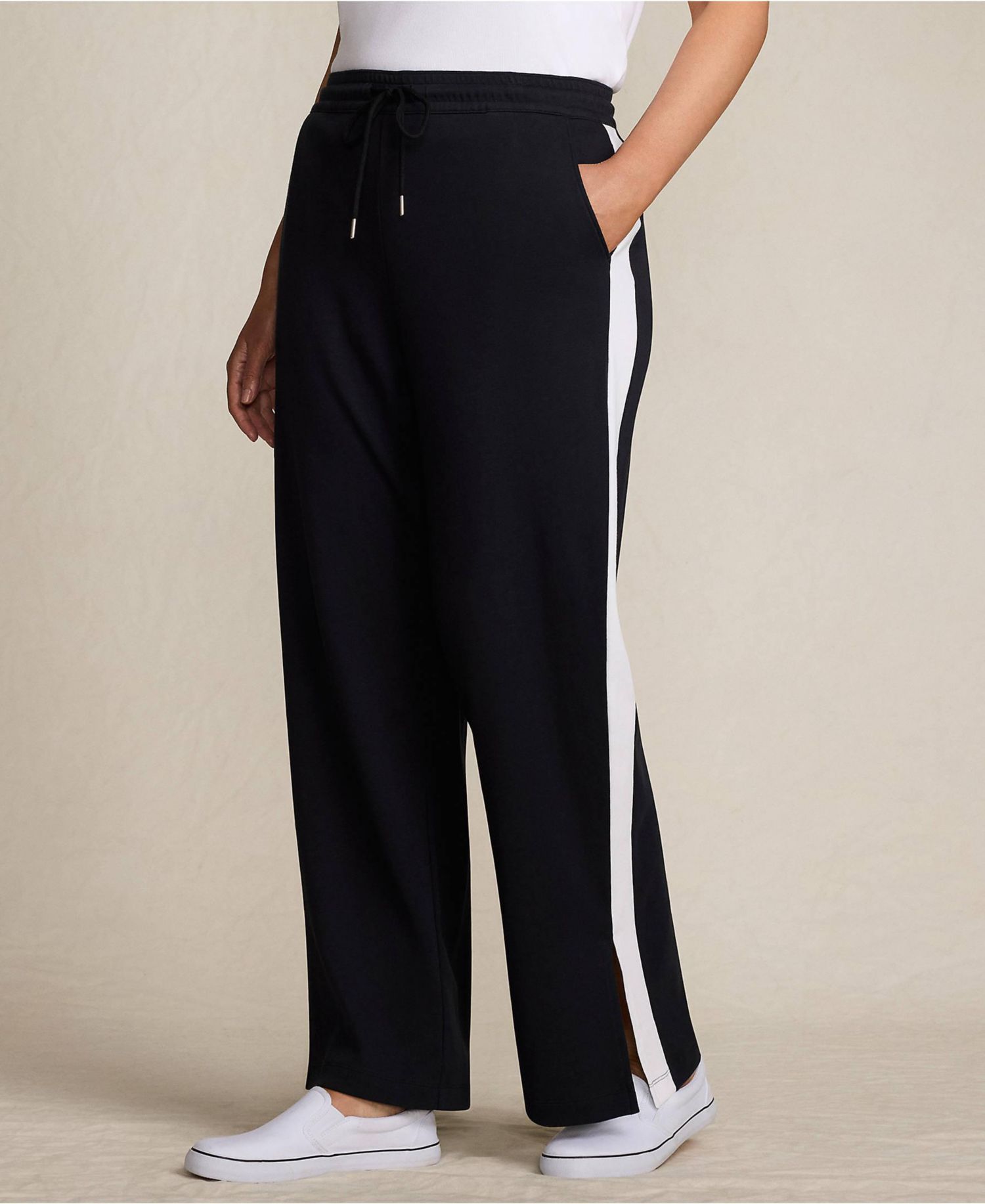 Plus Size Sport Knit High Rise Relaxed Straight Leg Side Stripe Pants