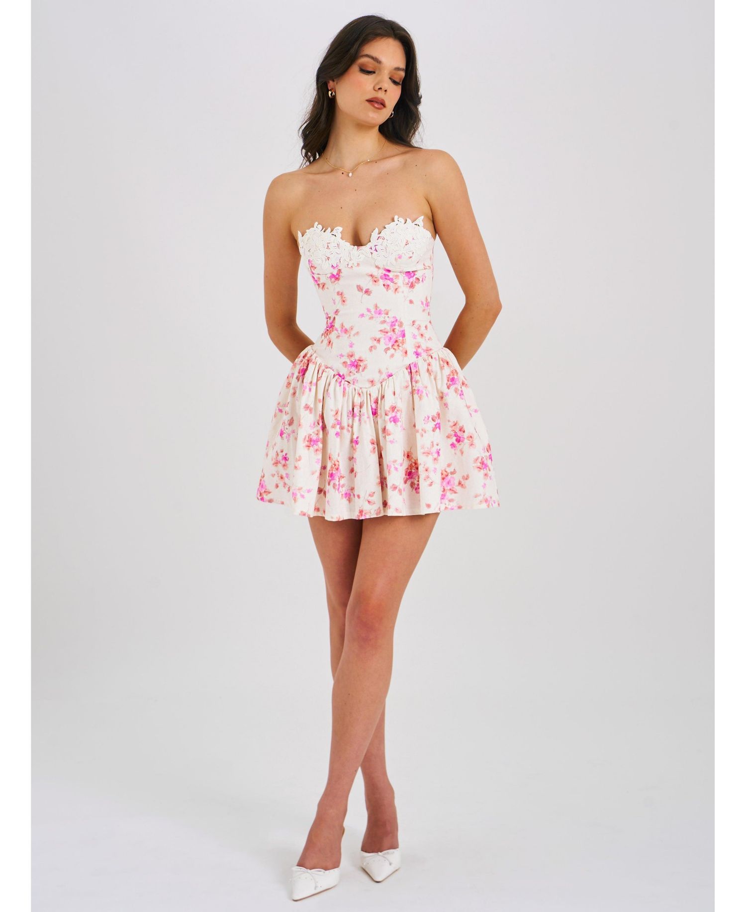 Women's Samara Floral Drop Waist Linen Corset Puffy Mini Dress