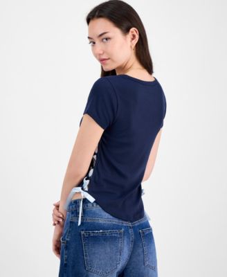 Juniors' Solid Ribbon-Side Short-Sleeve Tee